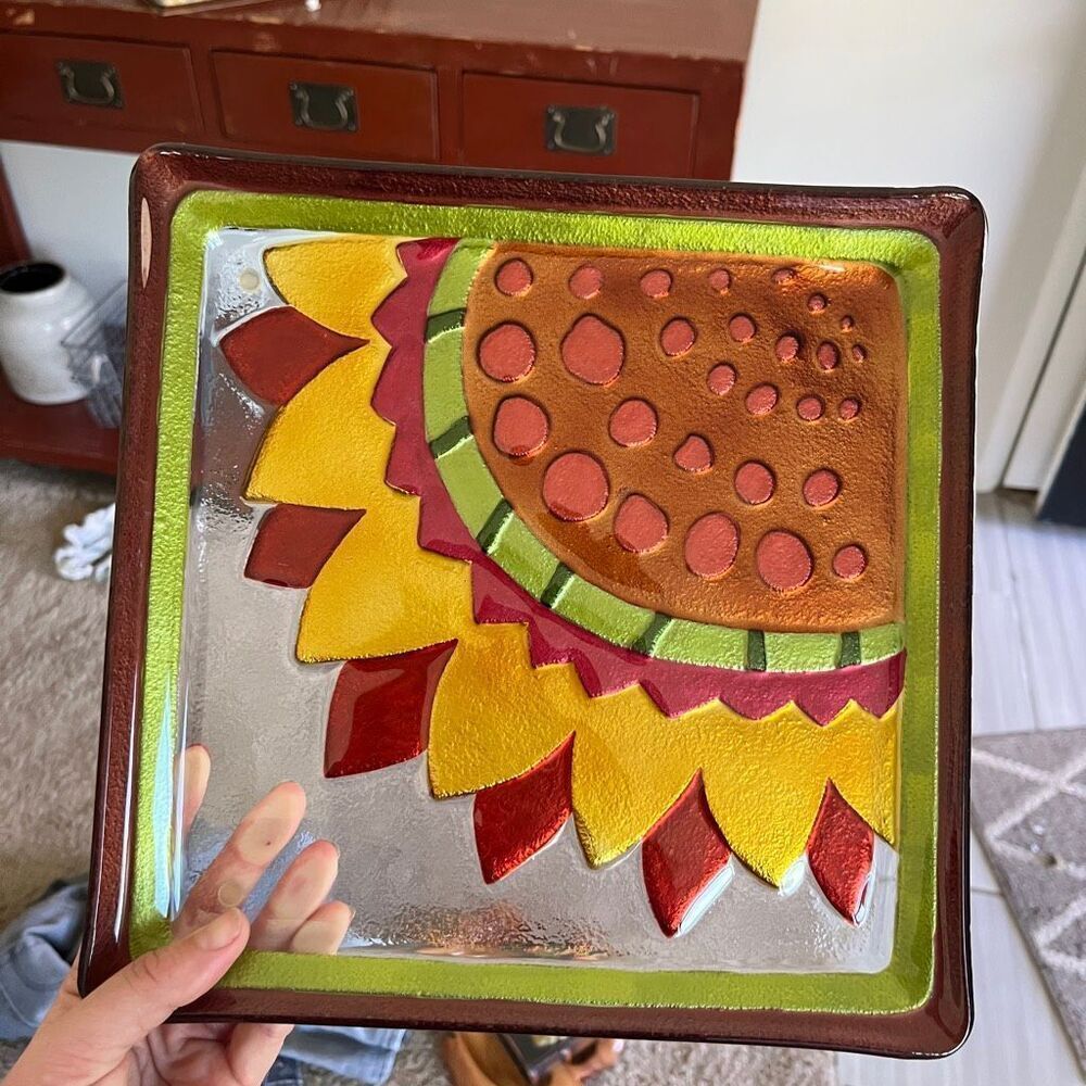 Sunflower Cottagecore Farmhouse Art Glass Decorative Serving Plate Tray VTG